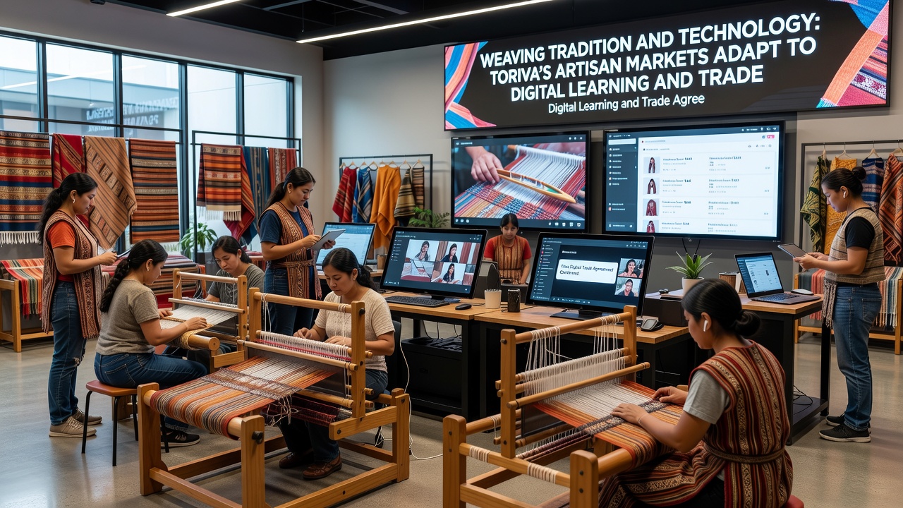 Group of Toriva artisans reviewing trade documentation on a shared digital screen in a market hall